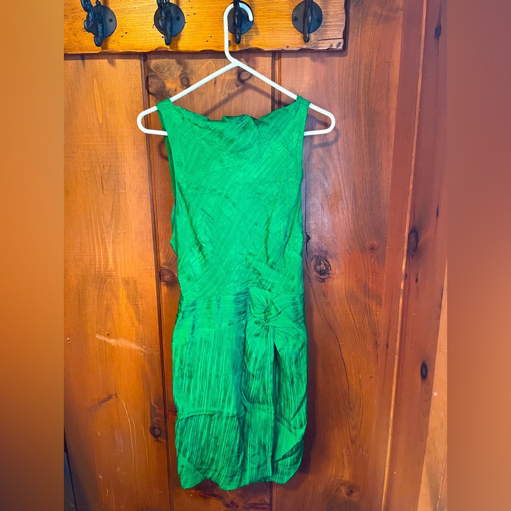 high neck open back green mini dress